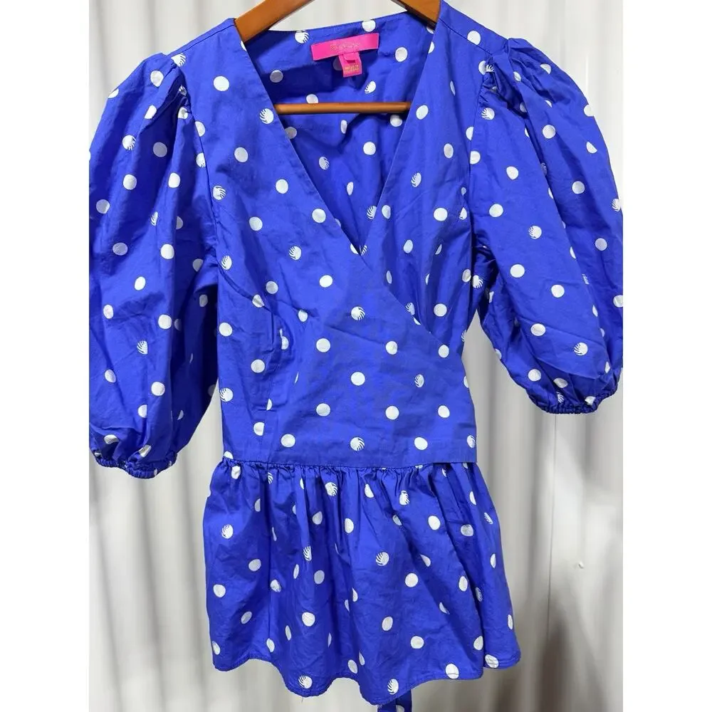 Lilly Pulitzer Periwinkle Blue Sz 6 White Polka Dot Cotton Puff Sleeve Wrap Top